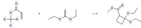 Ethene, 1,1-diethoxy- can react with acrylic acid methyl ester to get 2.2-Diethoxy-cyclobutancarbonsaeuremethylester. 